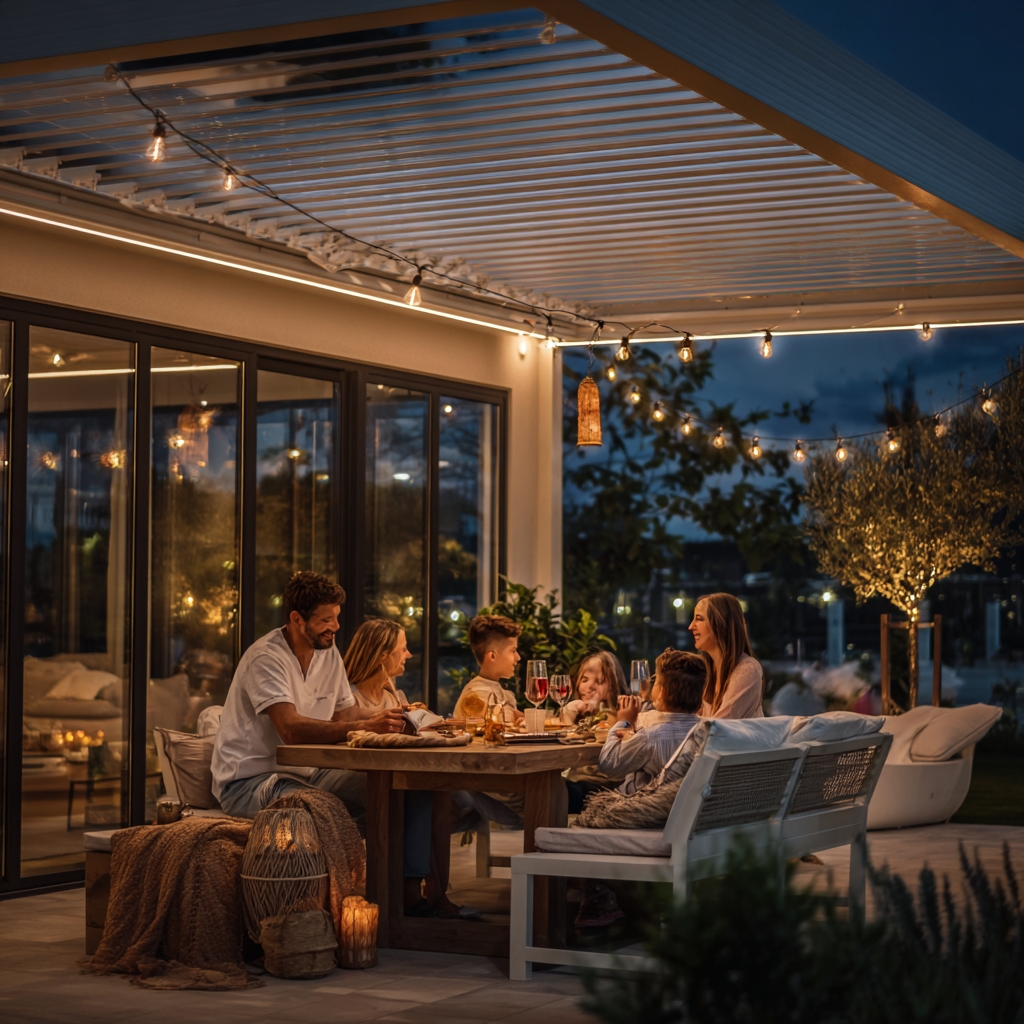 Ambiance conviviale sous une pergola bioclimatique