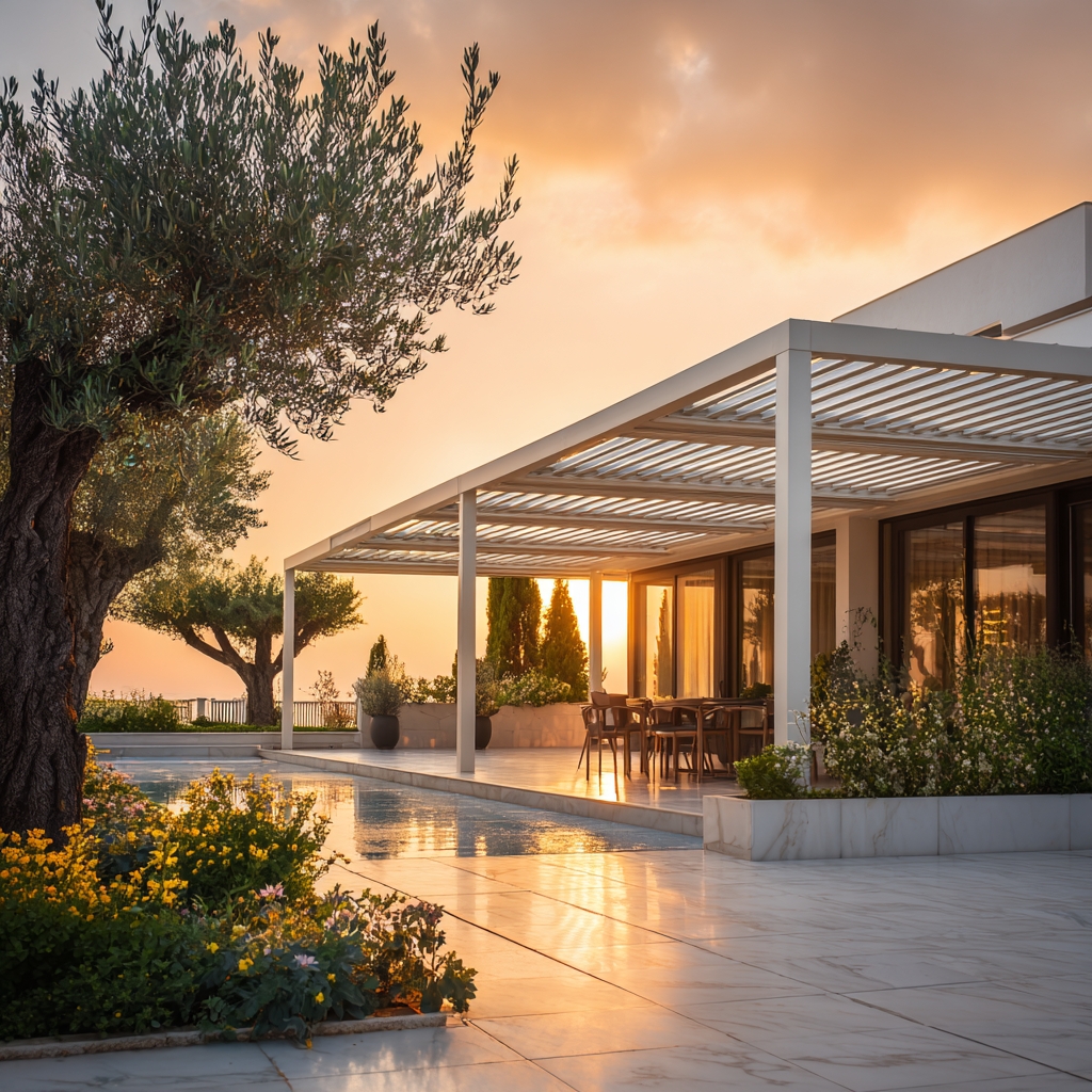 Pergola bioclimatique moderne sur terrasse ensoleillée